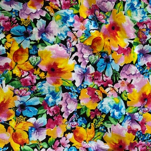 Hi Fashion Multi Floral Butterfly Premium Print Cotton Quilting Fabric black purple pink yellow sold by the FQ, 1/2 yard, yard *Ships Quick*