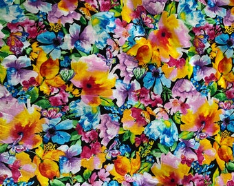 Hi Fashion Multi Floral Butterfly Premium Print Cotton Quilting Fabric black purple pink yellow sold by the FQ, 1/2 yard, yard *Ships Quick*