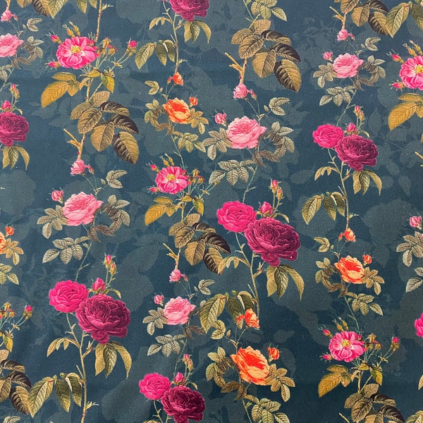 Premium Cotton Wonderous Winter Purple Orange Floral on Teal 100% Cotton Quilting Quilt fabric sold by the FQ, 1/2 yard & yard *Ships Quick*