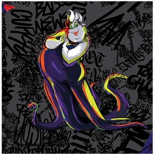 May include: A colorful illustration of Ursula, the sea witch from Disney's The Little Mermaid, with a purple, yellow, and orange octopus tail. The background is a dark gray with black graffiti-style text.