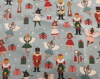 Christmas Ballerina Nutcracker Kids 100% Cotton Fabric Quilting sold by the FQ, 1/2 yard & yard blue girls holiday presents *Ships Quick*