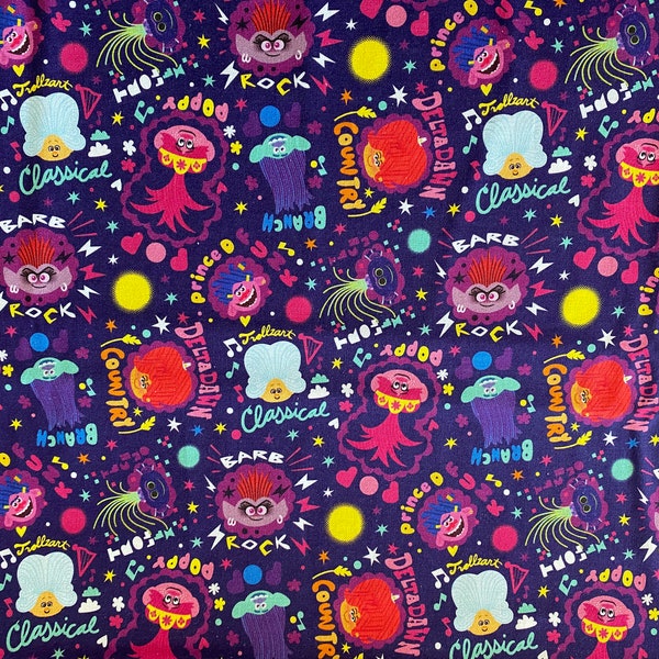 100% Cotton Mask Quilting Fabric Trolls Party Purple Branch Poppy Delta Guy Diamond sold by the yard, 1/2 yard, FQ fat quarter *SHIPS QUICK*