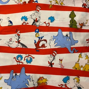 Robert Kautman Celebrate Seuss! quilting fabric Dr. Thing 1 2 Grinch Cat in the Hat Green Eggs Ham red white sold by the FQ, 1/2 yard & yard