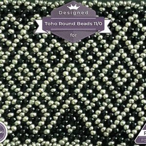 May include: A close-up of a beaded pattern in black and silver. The beads are arranged in a diagonal pattern. The image includes text that reads "Designed Toho Round Beads 11/0 for Netting" and a PDF format icon.