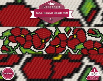 Peyote bracelet pattern, even count peyote pattern, peyote stitch - Poppies peyote bracelet pattern