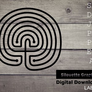 May include: Black and white line art illustration of a labyrinth on a woodgrain background. The text "Silhouette Graphics Digital Downloads LAB001" is at the bottom of the image. The file formats available for download are listed on the right side of the image: SVG, DXF, JPG, PNG, PDF, EPS, AI.