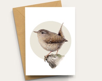 Wren Bird Greetings Card, British garden bird - A6 Blank Inside Card with Kraft Envelope, watercolour bird, bird lover