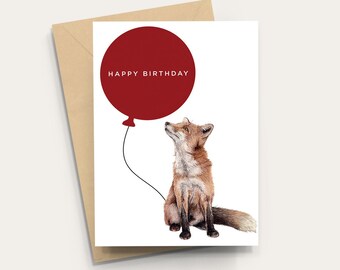 Fox Birthday Card - A6 Happy Birthday Card, Blank Inside with Kraft Envelope, Red fox illustration, british wildlife