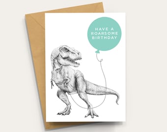 T-Rex Dinosaur Birthday Card: Hand-Illustrated A6 Card with Kraft envelope