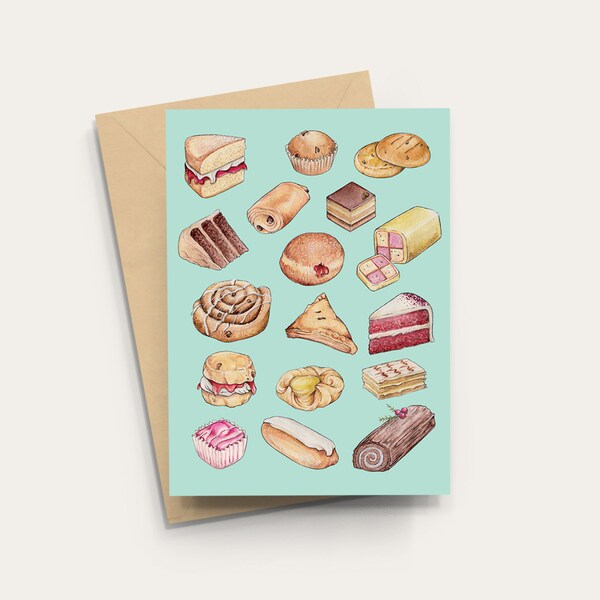 Cake Birthday Card, Cake and Pastries celebration Card - A6 Card Blank Inside with Kraft Envelope, anniversary,  graduation, birthday cake