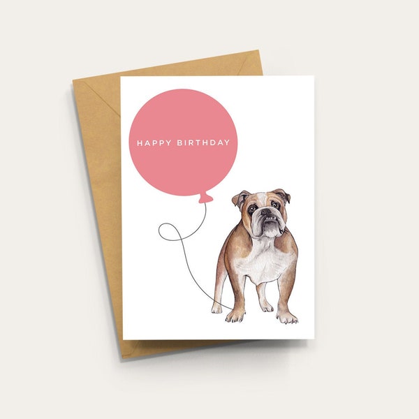 British Bulldog Birthday Card - A6 Blank Inside Card with Kraft Envelope, English Bulldog