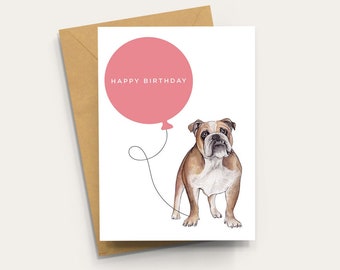 British Bulldog Birthday Card - A6 Blank Inside Card with Kraft Envelope, English Bulldog