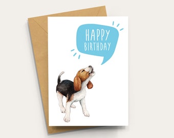 Beagle Birthday Card, Howling Beagle A6 Blank Inside Card with Kraft Envelope