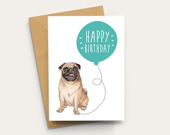 Pug Birthday Card, dog birthday card - A6 Blank Inside Card with Kraft Envelope,  Pug Gift, Pug art