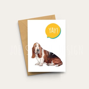 Carte de fête pour Basset Hound - Yay ! - Vierge A6 à l'intérieur avec enveloppe kraft, chien de chasse, carte de chien, carte d'anniversaire