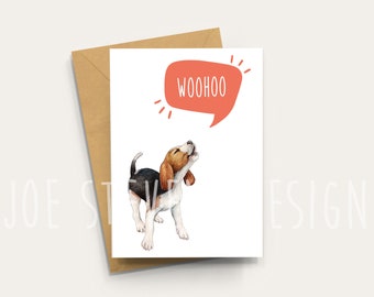 Beagle howling woohoo Greetings Card, A6 Beagle celebration card Blank Inside Card with Kraft Envelope