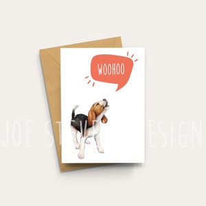 Beagle howling woohoo Greetings Card, A6 Beagle celebration card Blank Inside Card with Kraft Envelope image 1