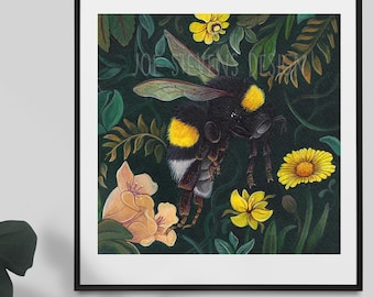 Bumblebee Floral Original Watercolour Painting: British Garden Wildlife Art (6x6")