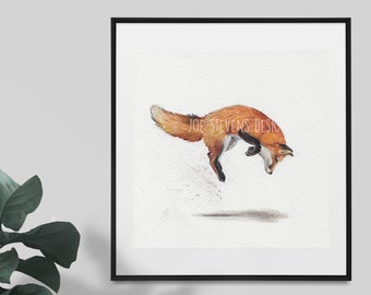 Jumping Fox Watercolour Painting - 6x6" painting on Watercolour Paper, red fox watercolour art, British Wildlife