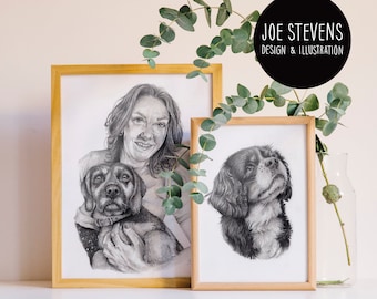 Custom Pet Portraits and People portraits - Hand Drawn Graphite pencil on cartridge paper. Personalised Family portrait, pets, couples