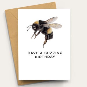 Bee Birthday Card &#39;Have a Buzzing Birthday&#39; - A6 Blank inside with Kraft Envelope, Bumblebee, Bee