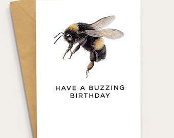 ビーバースデーカード：クラフト封筒入りのイラスト入りバンブルビーカード