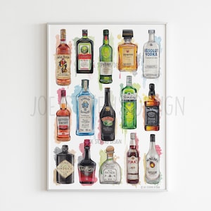Alcoholic Spirits Watercolour Print: Kitchen Bar Art (A3 Size)