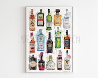 Alcoholic Spirits Watercolour Print: Kitchen Bar Art (A3 Size)