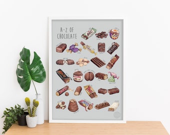 Chocolate Print, Ultimate Chocolate A-Z Print A3, Food Print, Kitchen wall art, fun kitchen print