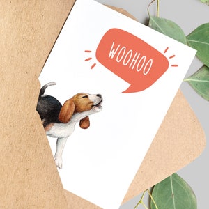 Beagle howling woohoo Greetings Card, A6 Beagle celebration card Blank Inside Card with Kraft Envelope image 2