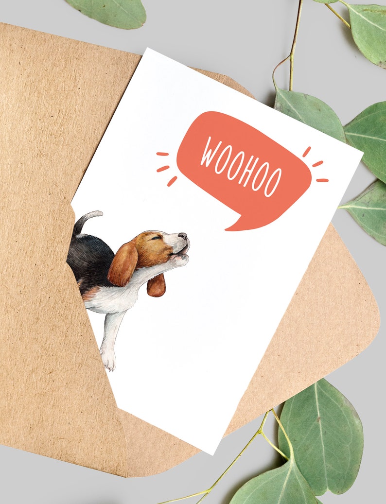 Beagle howling woohoo Greetings Card, A6 Beagle celebration card Blank Inside Card with Kraft Envelope image 2