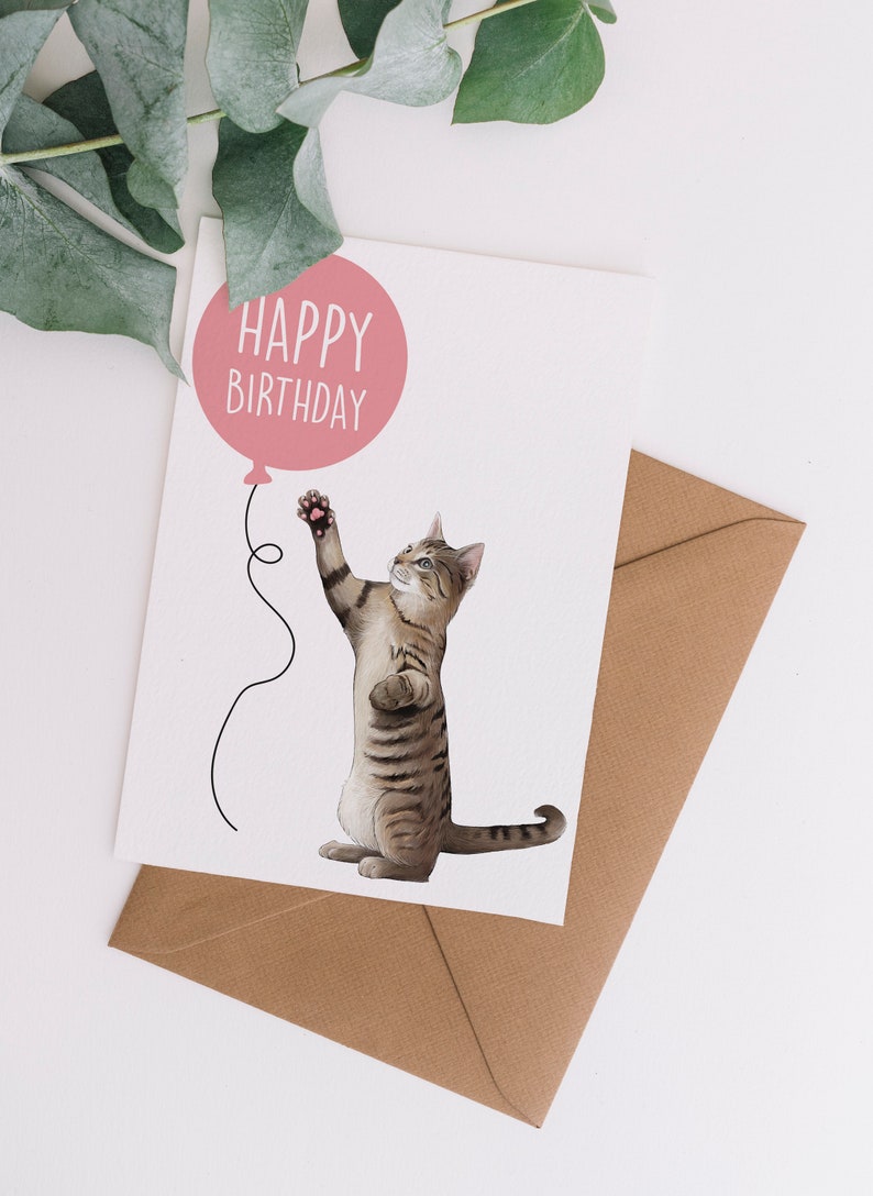 Tabby Cat Birthday Card A6 Cat Greetings card, Blank Inside Card with Kraft Envelope, kitten, tortoiseshell tabby image 2