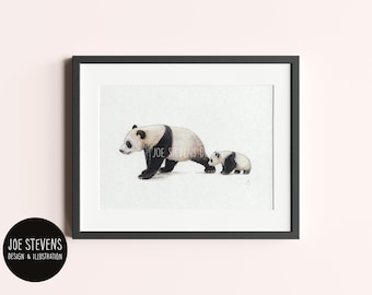 Panda and cub Original Painting: A5 Original Watercolour & Ink Art