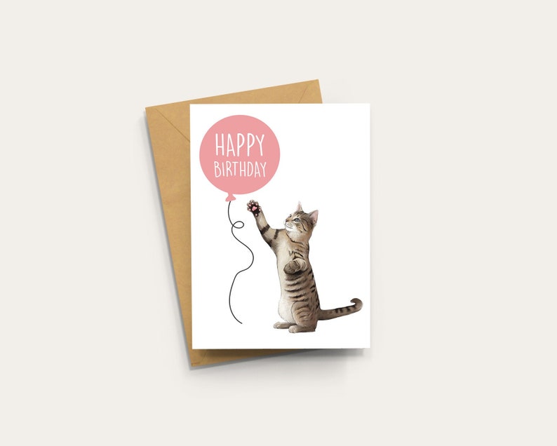 Tabby Cat Birthday Card A6 Cat Greetings card, Blank Inside Card with Kraft Envelope, kitten, tortoiseshell tabby image 1