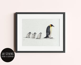 Penguin family Original Painting: A5 Watercolour & Ink, British Wildlife