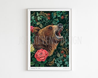 Brown Bear Botanical Print: A3 Size Roaring Bear Art with Roses