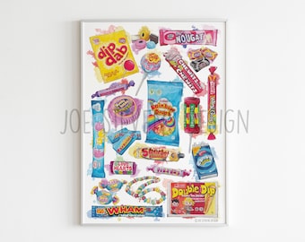 Sweets Watercolour Print A3, Retro sweets, British Sweets, drumstick, rainbow drops, Love hearts, Parma violets sweets