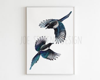 Flying Magpies - A3 Print, two for joy, British Garden Bird print, magpie gift, magpie art, flying birds