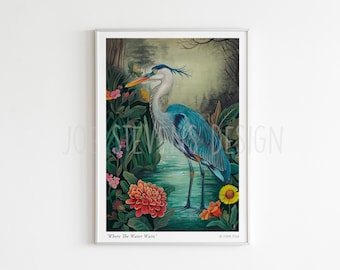 Great Blue Heron Print - A3 size print Vintage style Wildlife wall art