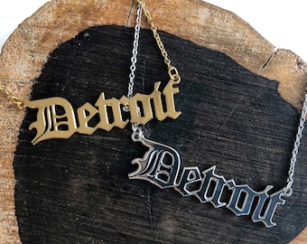 Detroit Necklace. Old English Detroit name necklace, script necklace. Detroit Michigan gift. Gift for Detroiter, gift for her, Tigers fan