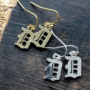 Detroit Earrings, Old English D earrings. Detroit D dangle earrings, Detroit Michigan gift. Gift for Detroiter, gift for her, Tigers fan