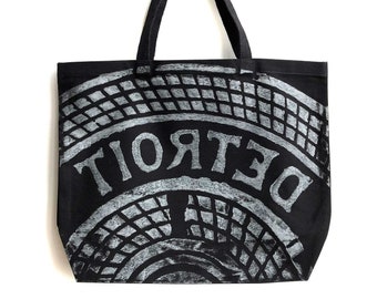 Detroit Manhole Cover Tote Bag. Heavy cotton canvas tote bag. Large, sturdy, shopper, market bag, OOAK. Detroit Michigan Gift, for Detroiter
