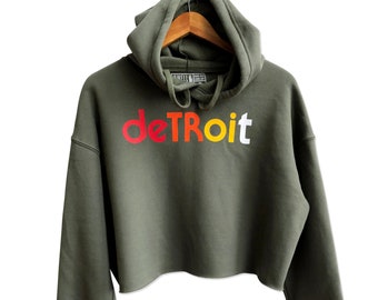 Detroit Hoodie, womens cropped hooded sweatshirt, military green. Detroit techno, 808, crop hoodie, Detroit Michigan gift, for Detroiter