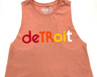 Detroit Cropped Womens Tank Top. Detroit Rhythm Ladies Raw Edge Cropped Racerback Tank, Heather Sunset Pink. City of Detroit, gift for her