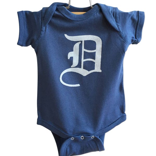 Old English D, Detroit Baby Snapsuit. Silver or white print on black or blue creeper. Detroit Tiger Fan baby gift