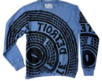 Detroit Tire Sweatshirt. Manhole Cover Printed Pullover Unisex Crew Sweater, Black on Cornflower Blue