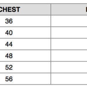 May include: A size chart with measurements for clothing. The chart includes sizes S, M, L, XL, 2X, and 3X. Chest measurements range from 36 to 56 inches, and lengths range from 27 to 32 inches. The chart is in a table format.