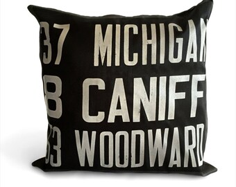 Detroit Bus Scroll Throw Pillow. Black and white graphic throw pillow, gift for Detroiter, Detroit Michigan gift, transportation history