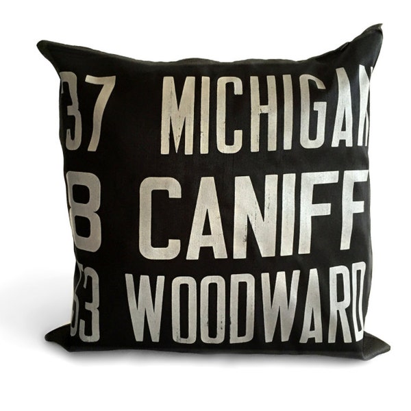 Detroit Bus Scroll Throw Pillow. Black and white graphic throw pillow, gift for Detroiter, Detroit Michigan gift, transportation history