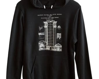 Michigan Central Station Hoodie. MCS Detroit Train Station Pullover Hooded Sweatshirt Detroit Architect Gift Blueprint Unisex Graphic Hoodie